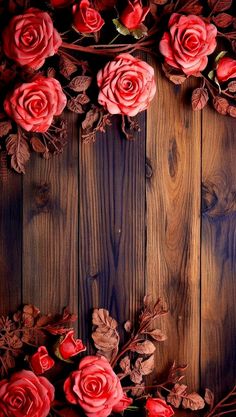 red roses on wooden background with leaves and flowers around them, top view photo - free stock photo