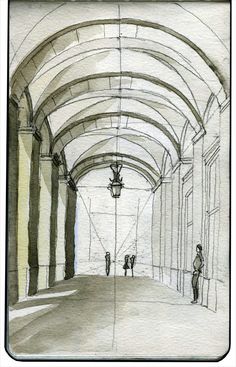 an ink drawing of people walking down a long hallway with arches and lamps hanging from the ceiling