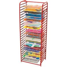 a red rack with many files and folders