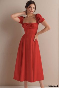 Olivia Mark - Elegant Bubble Sleeves Long Dress Set Terry Cloth Dress, Vacation Maxi Dress, Dress Collar, High Waist Dress, Bubble Sleeve, Sleeves Clothing, Linen Maxi Dress, Solid Red, Elegant Dresses Long