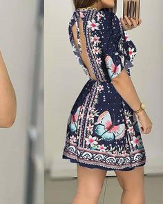 Bohemian Tie Back Mini Dress, Elegant Multicolor Mini Dress For Beach, Casual Multicolor Mini Dress With Tie Back, Half Sleeve, Half Sleeves, Floral Skirt, 4 Inch, Casual Dress, Floral Print