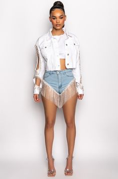 The AKIRA Label Gonna Love Me Waterfall Rhinestone Denim Short in Denim is a high cut, ultra-glam cheeky denim bottom complete with a high rise waist, belt loops, mock front pockets, back pockets, and fringe hem detailing. Complete with rhinestone fringe hem detailing and a classic front button fly closure.
- 54% Cotton, 34% Rayon, 10% Polyester, 2% Spandex
- Super Stretchy
- Imported
(all measurements are approximate from size small)
- 10” Rise
- 1” Inseam
- 6” Rhinestone Fringe
Product ID: 301514
(all measurements approximate from size 1X)
- 12.5” Rise
- 2” Inseam
- 6” Rhinestone Fringe 
Product ID: 301518 Rhinestone Denim, Rhinestone Fringe, End Of Season Sale, Denim Short, High Cut, Love Me, Waist Belt, Denim Shorts, High Rise