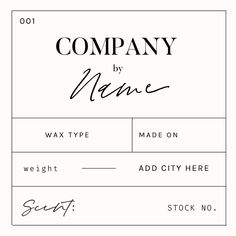 a black and white business card with the words company by name on it in cursive writing