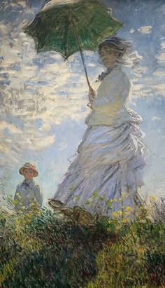 a painting of a woman holding an umbrella next to a man in a hat and dress