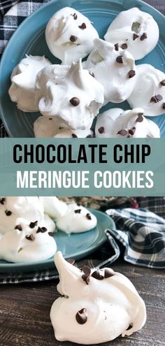 chocolate chip meringue cookies on blue plates