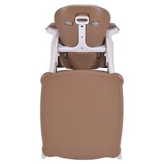 a brown and white high chair with the back facing away from it's seat