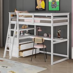 a white loft bed with desk underneath it in a child's bedroom or playroom