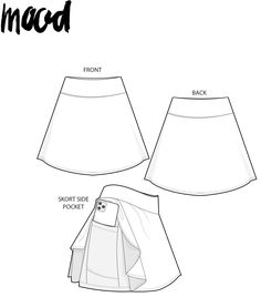 the front and back view of a skirt with pockets on it, as well as an image