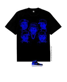 Brand new cotton heavyweight  Black  tshirt featuring a screen printed image using  Royal Blue , plastisol ink. A Great shirt to complete your outfit for the air Jordan 1 Retro High OG Royal Reimagined  sneakers. Whether you're looking for a shirt to match your  jordan 1 royal reimagined sneakers or simply a piece to compliment your outfit, this sweatshirt will become your favorite shirt.  Consisting of  a Royal Blue and  screen printed image this is a  must have and a A great matching sweatshir