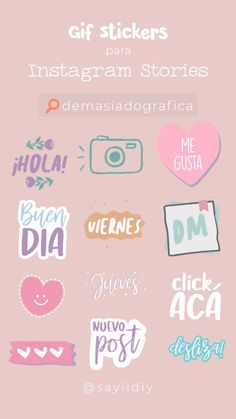 some stickers that are on the side of a pink background with words and hearts