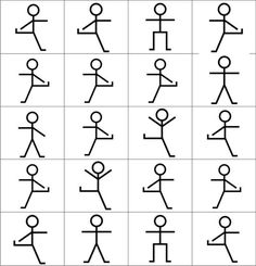 an image of stick figures with different positions and shapes on them, all in black and white