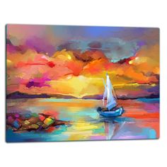 a painting of a sailboat on the water with colorful clouds in the sky above it