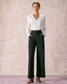 The Grey High Waisted Plaid Wide Leg Pants & Reviews - Grey - Bottoms | RIHOAS Plaid Wide Leg Pants, Tailored Clothes, Perfect Wardrobe, Plaid Pants, Plaid Design, The Grey, Work Fashion, Dressed Down, Hip Length