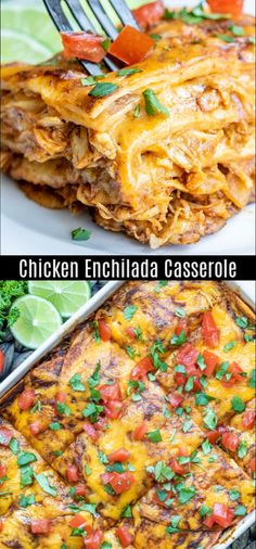 chicken enchilada casserole with tomatoes and cilantro on the side