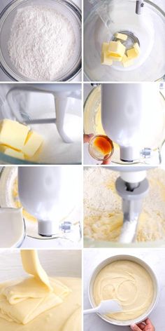 the process for making cheesecakes is shown in four different stages, including mixing