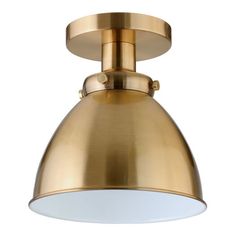 an overhead light fixture with a gold finish and white glass shade on the bottom half