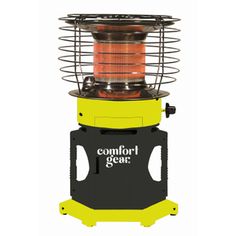 the comfort gear portable heater is yellow and black with an orange flame coming out of it