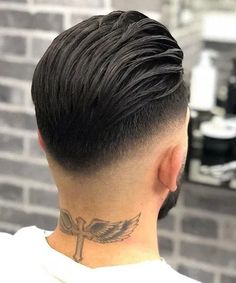 Slick Back Fade with Shaved Back. This collection of tapered neckline haircuts is stylish, masculine and fashion-forward. Find the most popular men’s hairstyles with cool neck taper ideas. Brush Up Haircut, Short Slicked Back Hair, Mens Slicked Back Hairstyles, Popular Mens Hairstyles, Mens Hairstyles With Beard, Hair Tattoo