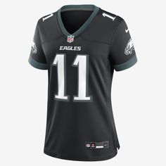 Rep one of your team's top stars with this A.J. Brown Jersey. Proper ventilation and a form fit help provide a dry, comfortable wear with the authentic look of the on-field uniform for the Philadelphia Eagles. Nike Football Season Sports Jersey, Nike Black Top For Game Day, Nike Black Tops For Game Day, Black Sportswear Tops For Game Day, Fitted Sports Tops With Team Logo, Black V-neck Tops For Sports Events, Devonta Smith, Eagles Jersey, Nfl Philadelphia Eagles