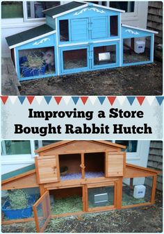 an image of a rabbit hut made out of wood and painted blue with text overlay that reads, improve a store bought rabbit hut