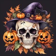 a skull wearing a witches hat surrounded by pumpkins