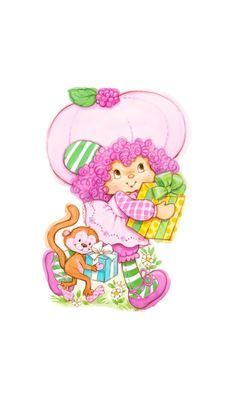 a drawing of a girl with pink hair holding a stuffed animal in her arms and standing next to a teddy bear