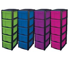 four bins with different colors and sizes on the sides, one is blue, green, pink, and purple