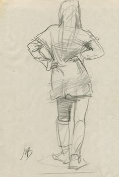 a pencil drawing of a woman standing with her back to the camera