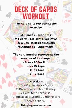 the deck of cards workout is shown with instructions for each card to be played on