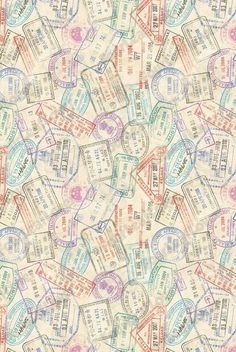 an abstract pattern with stamps and numbers on it's surface, in pastel colors