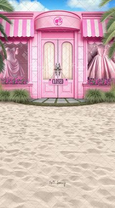 a pink building with palm trees in front of it and the words closed written on the door