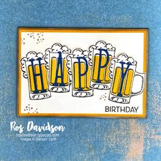 a birthday card with beer mugs and the words happy birthday written in blue ink