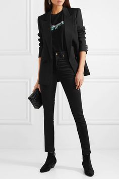 Printed Blazer Outfit, Saint Laurent Pouch, Ysl Boots, Saint Laurent Earrings, Saint Laurent Blazer, Saint Laurent Jeans, Western Style Boots, Professional Attire