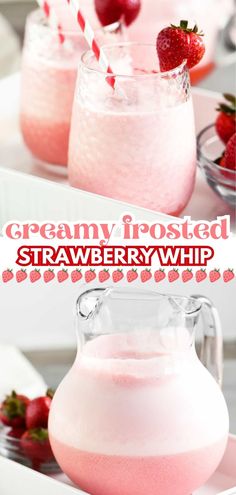 Creamy frosted strawberry whip. Drinks With Frozen Strawberries, Whipped Drink Recipe, Strawberry Drink Recipes Non Alcoholic, Whipped Pink Lemonade Recipe, Whipped Koolaid Drink, Whipped Pink Lemonade, Easy Refreshing Desserts, Beverage Recipes Nonalcoholic, Fun Kids Drinks For Parties