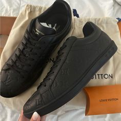 These Are Authentic Black Leather Louis Vuitton Shoes Brand New. Never Been Used Still In The Dust Bag And Still Have The Original Box That It Came With. These Are In The Style “Luxembourg Black Monogram”, These Exact Style Are No Longer Sold At Lv. 900 Or Best Offer. Louis Vuitton High Tops, High Top Tennis Shoes, Louis Vuitton Shoes Sneakers, Black Monochrome, Black Louis Vuitton, Lv Men, Uniqlo Bags, Vintage Chanel Handbags, Lv Shoes