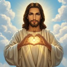 jesus holding his hands in the shape of a heart with clouds behind him and sun shining through