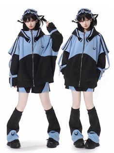 Light Blue Black Outfit, Sporty Blue Outfit, Detachable Sleeves Jacket, Black White And Blue Outfit, Electric Outfit, Japanese Street Fashion Women, Blue And Black Outfit, Jacket Reference, Clear Jacket