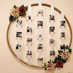 a circular frame with pictures and flowers on it