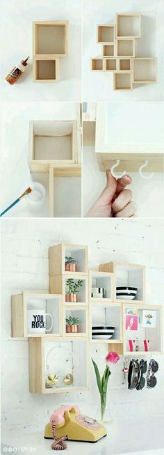 the shelves are made out of wooden boxes