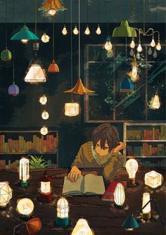 a man sitting at a table reading a book surrounded by lamps and bookshelves