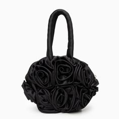 Black Chic Flower-shaped Evening Shoulder Bag, Chic Evening Shoulder Bag With Flower Shape, Chic Flower-shaped Party Shoulder Bag, Chic Formal Flower-shaped Evening Bag, Chic Flower-shaped Evening Bag For Formal Occasions, Chic Floral Evening Bag For Formal Events, Chic Flower-shaped Evening Bag, Chic Satin Bag For Events, Elegant Evening Bag With Adjustable Handle For Parties