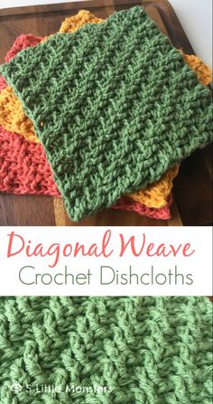 the diagonal weave crochet dishcloths are shown in three different colors