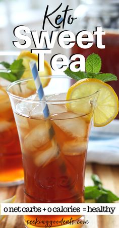 two glasses filled with iced tea on top of a wooden table