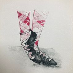 a drawing of a pair of shoes with red and white socks