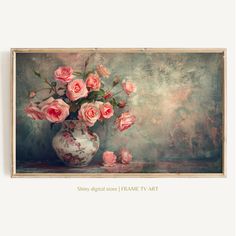 a painting of pink roses in a white vase on a table with the words shiny digital stone frame tv art