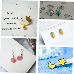 several different pictures with words on them and some earrings in the middle one has a rubber duck