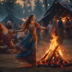 a woman is dancing around a camp fire