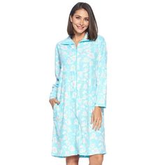 This lightweight Cute and comfortable House coat with easy zipper front closure Duster for ladies from the Casual Nights Loungewear and Sleepwear robes Collection, Thin fleece and light house robe, in beautiful feminine floral and paisley print pattern designs. this easy to wear bathrobe is made of 100% Poly Micro Fleece fabric, perfect for change of season, and cold winter nights! The sleep dresscoat Features: Long sleeves with full zip front closure for easy wearing and easy slipping on/off, c Gown With Pockets, Comfortable House, Waltz Dress, Fleece Robe, Muumuu Dress, House Coat, Hospital Gown, Print Design Pattern, Winter Nights