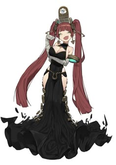 an anime character with long red hair and black dress, holding a green object in her hand