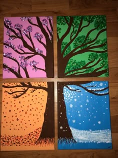 four paintings are shown with different colors and designs on the canvass, one has a tree